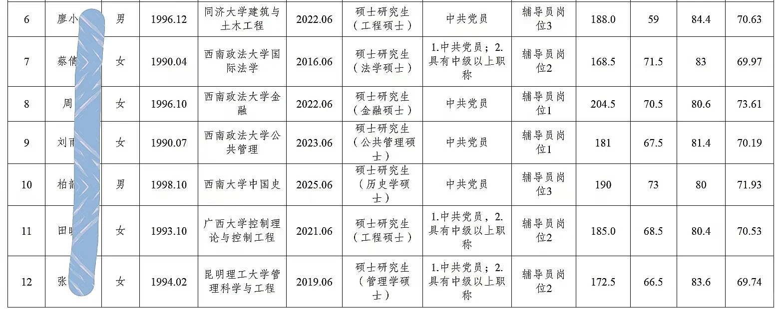 西南政法大学公开招聘人员公示（12人）