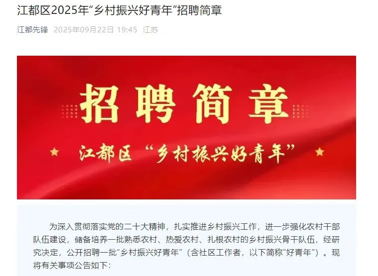 江都区“乡村振兴好青年”招62人！
