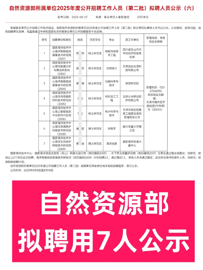 自然资源部拟聘用7人公示 🎉恭喜上岸！
