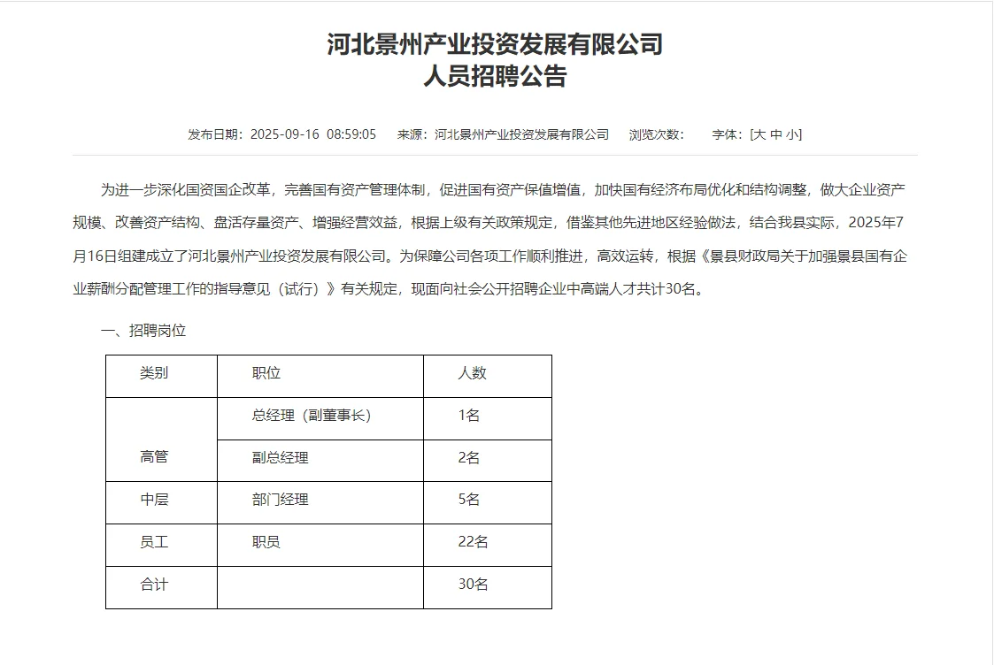 河北景州产业投资发展有限公司招聘公告