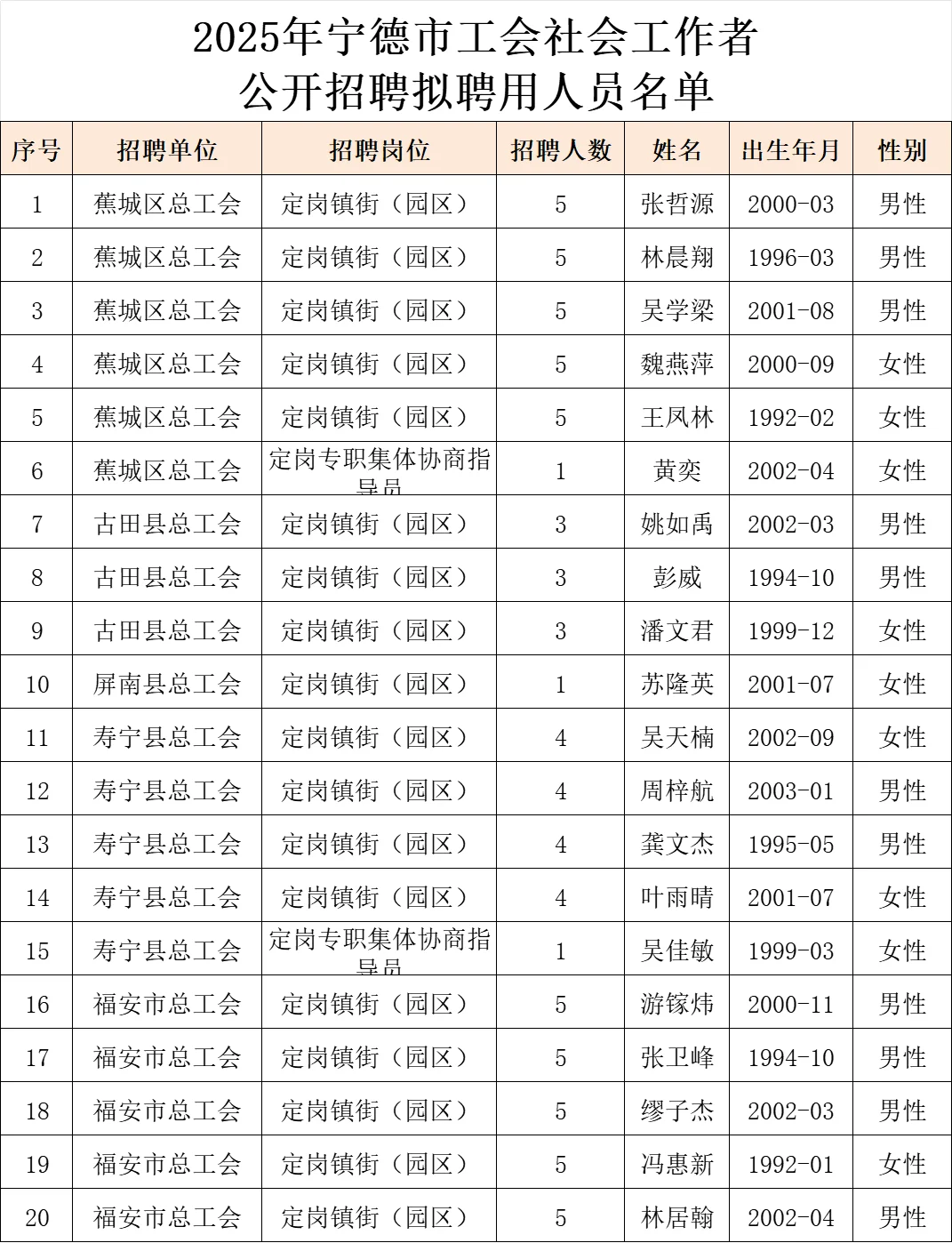2025年宁德市工会招聘社会工作者录用名单
