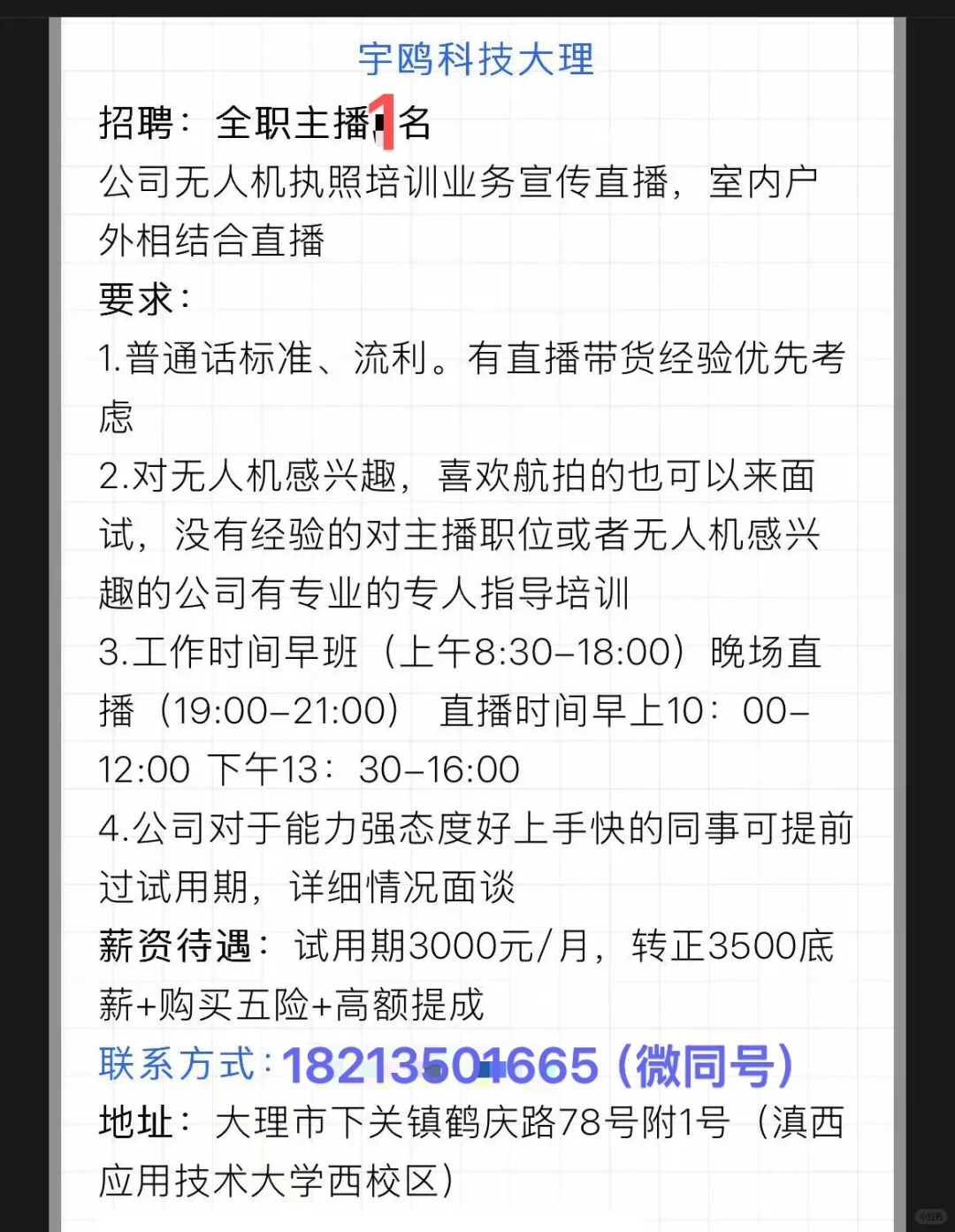 大理下关招聘无人机主播