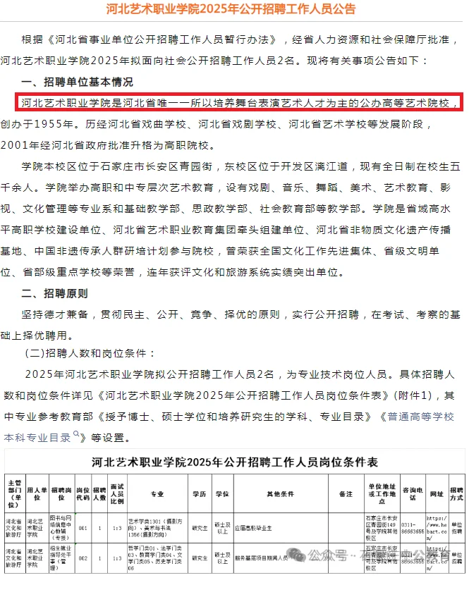 石家庄事业单位！河北艺术职业学院招聘