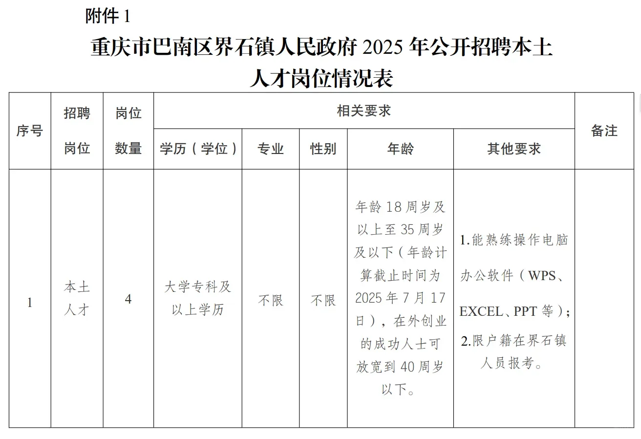 重庆市巴南区界石镇人民政府2025年公开招聘