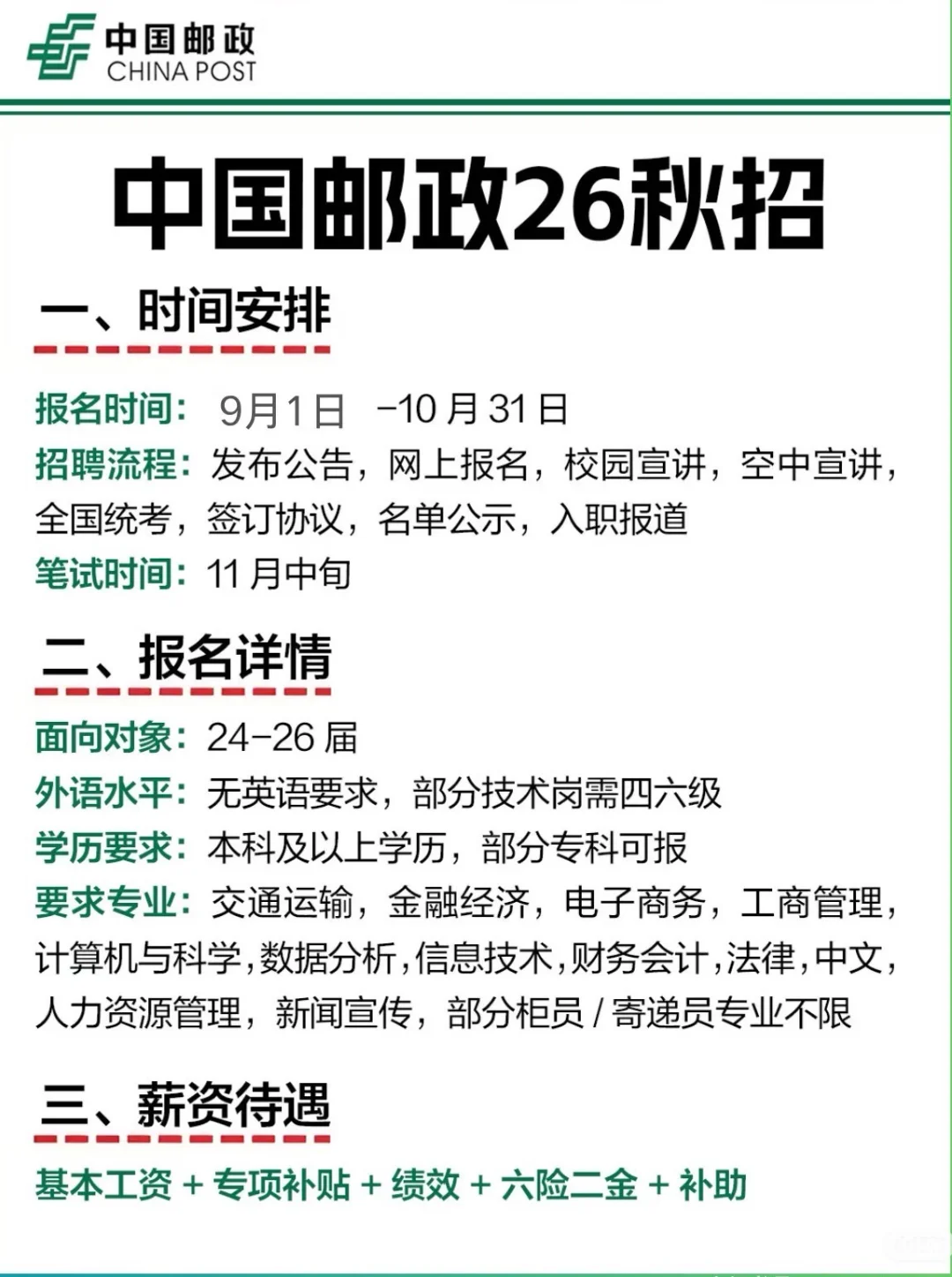 中国邮政2026届秋季校招公告已发布