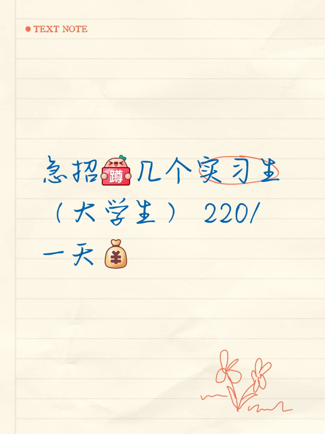 急招几个实习生 ，220/一天