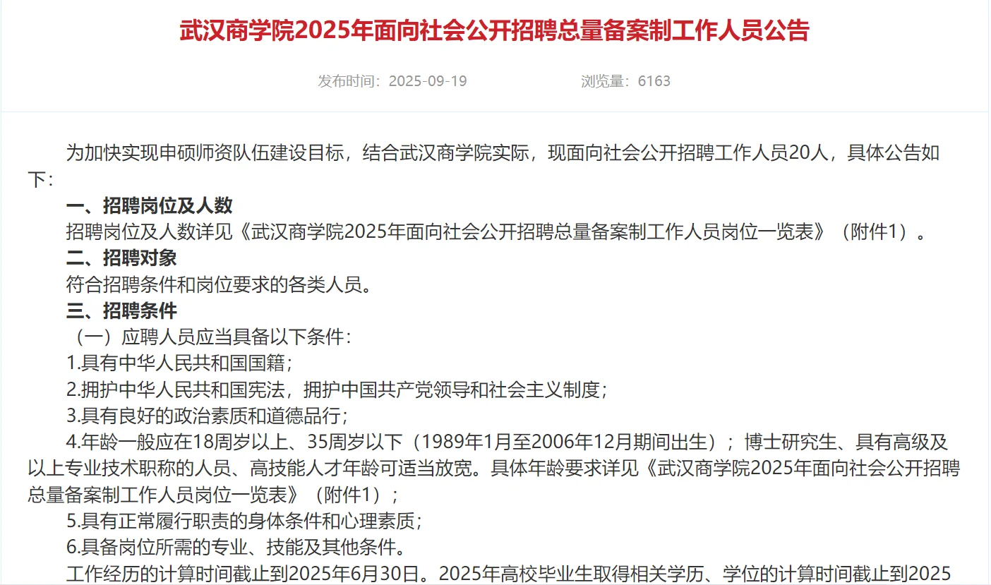 武汉商学院25年公开招聘总量备案制工作人员