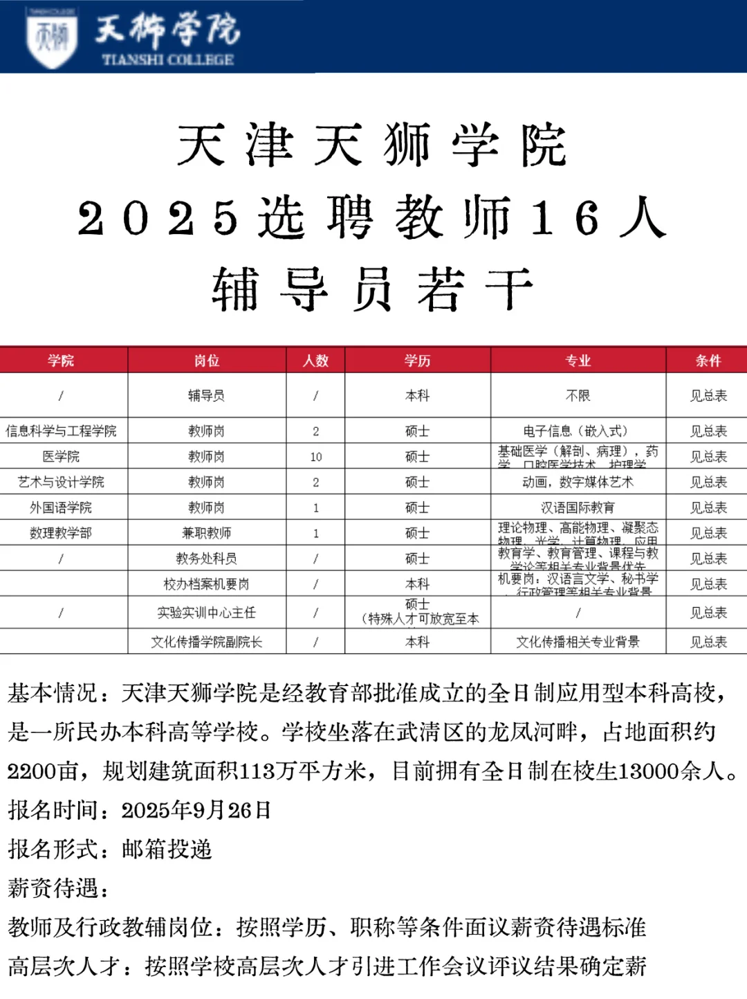 天津天狮学院2025选聘教师16人，辅导员若干