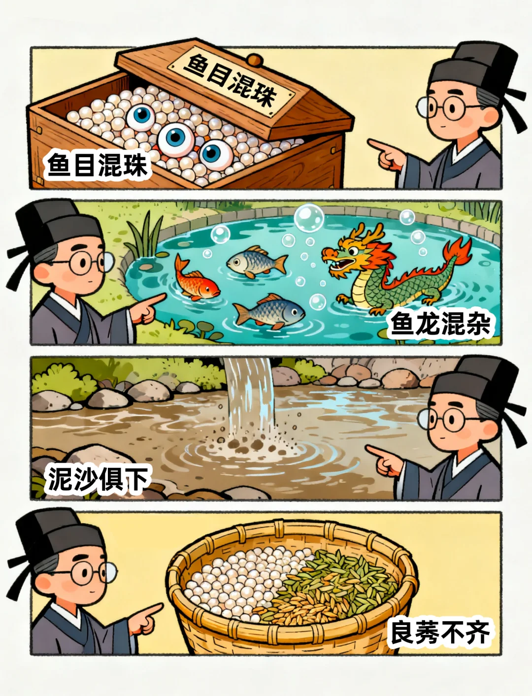 鱼目混珠 vs 鱼龙混杂 vs 泥沙俱下