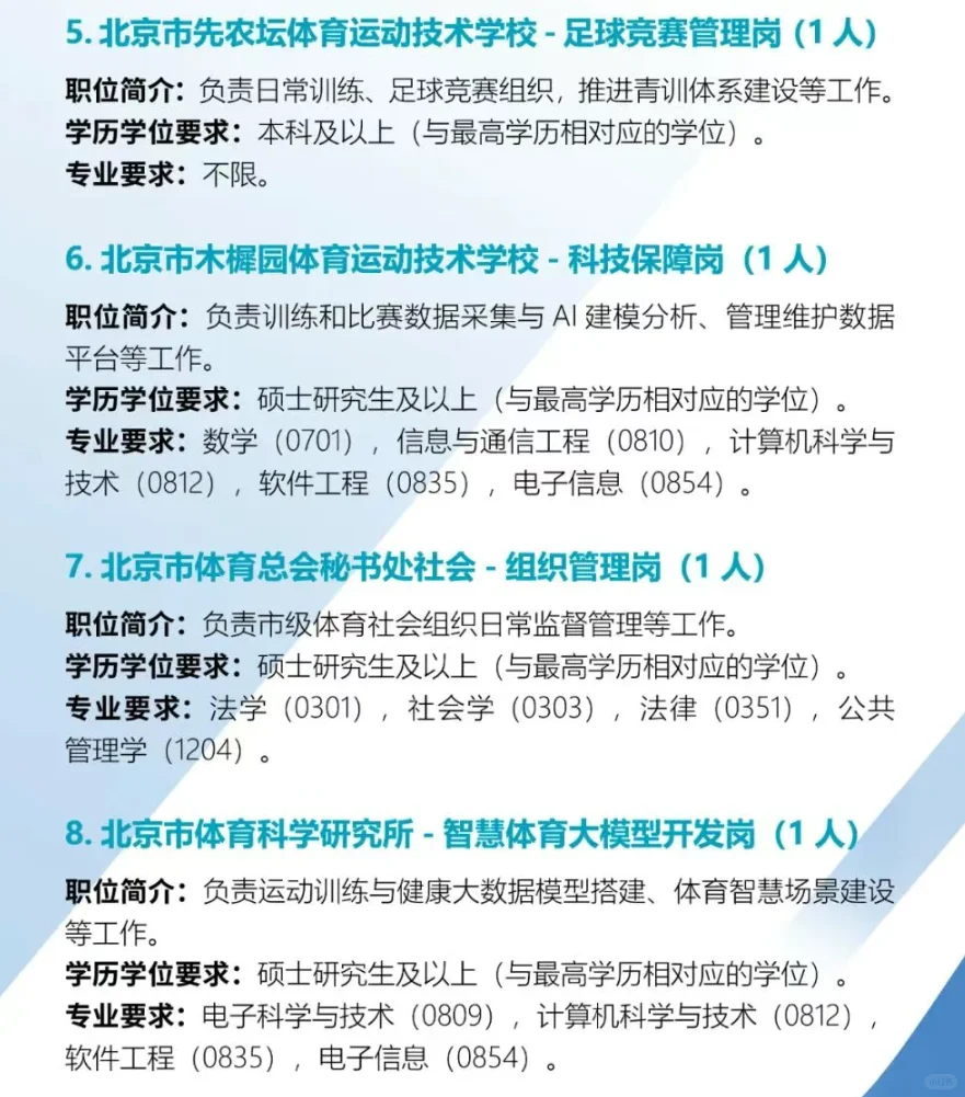北京市体育局26年定向选调和优培计划岗位