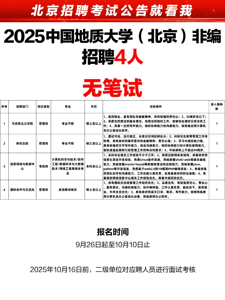 中国地质大学（北京）招聘4人 无笔试