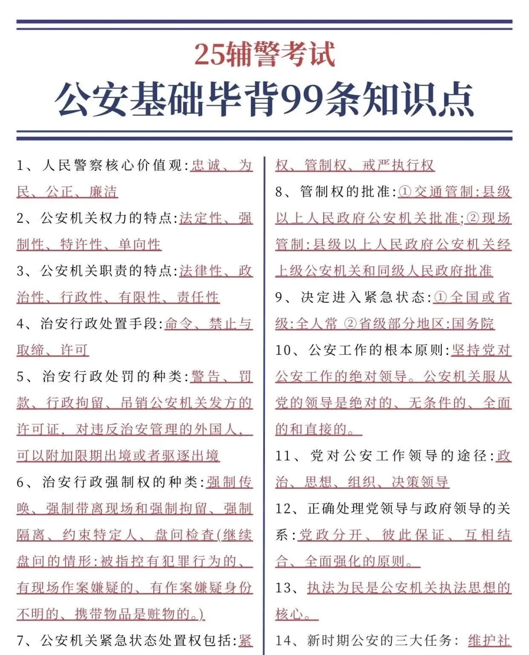 25辅警考试，无非这些知识点，背完保底85+ ！