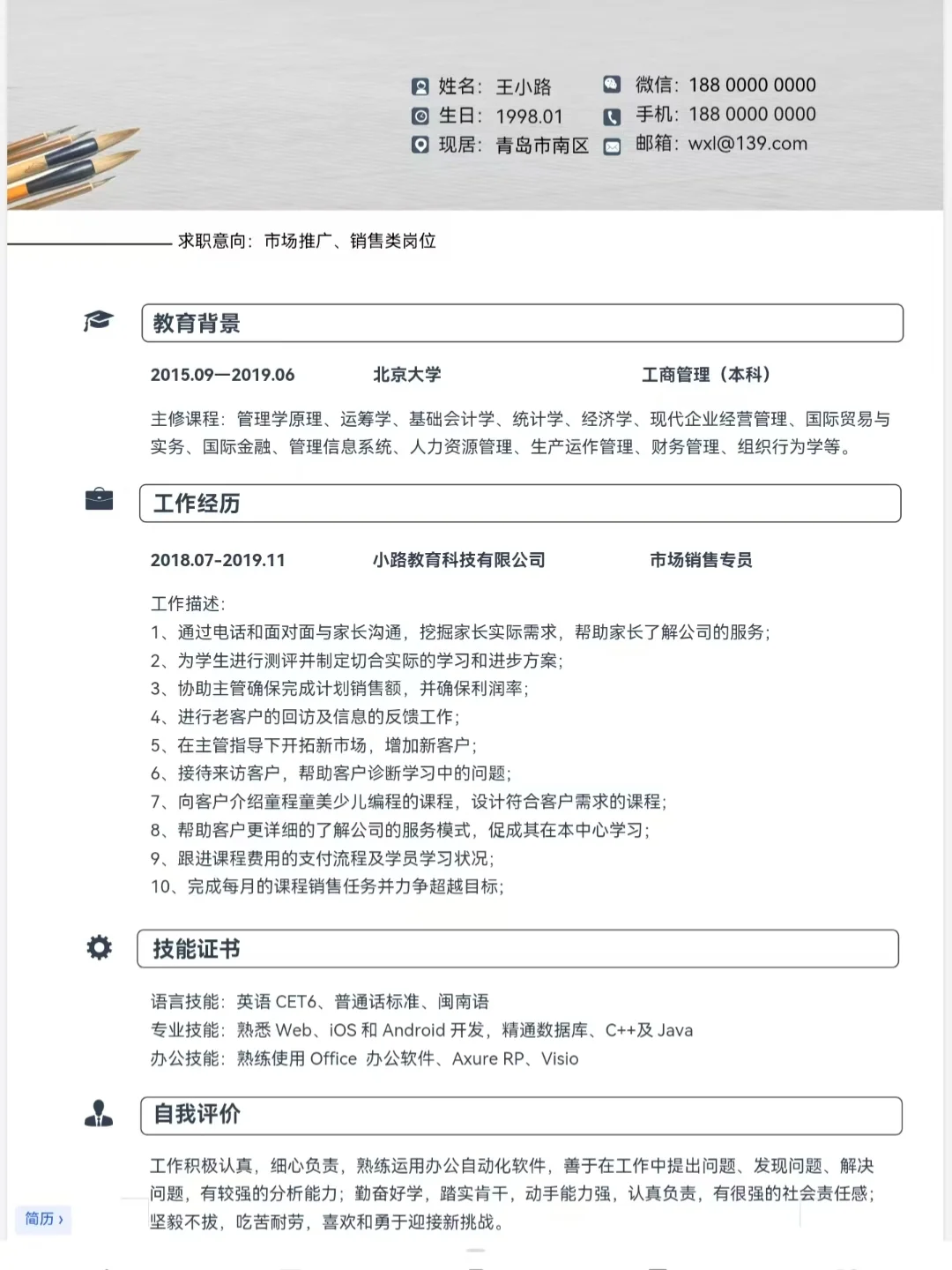 个人简历模板，no米