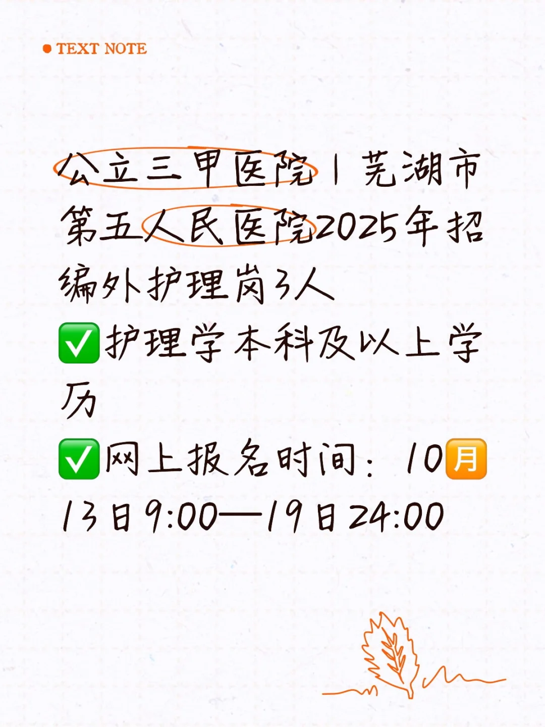 公立三甲｜芜湖市第五人民医院招护理岗3人