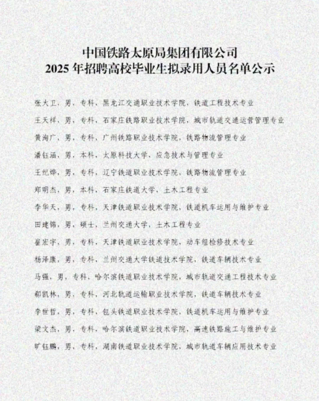 2025年太原铁路局招录人员名单