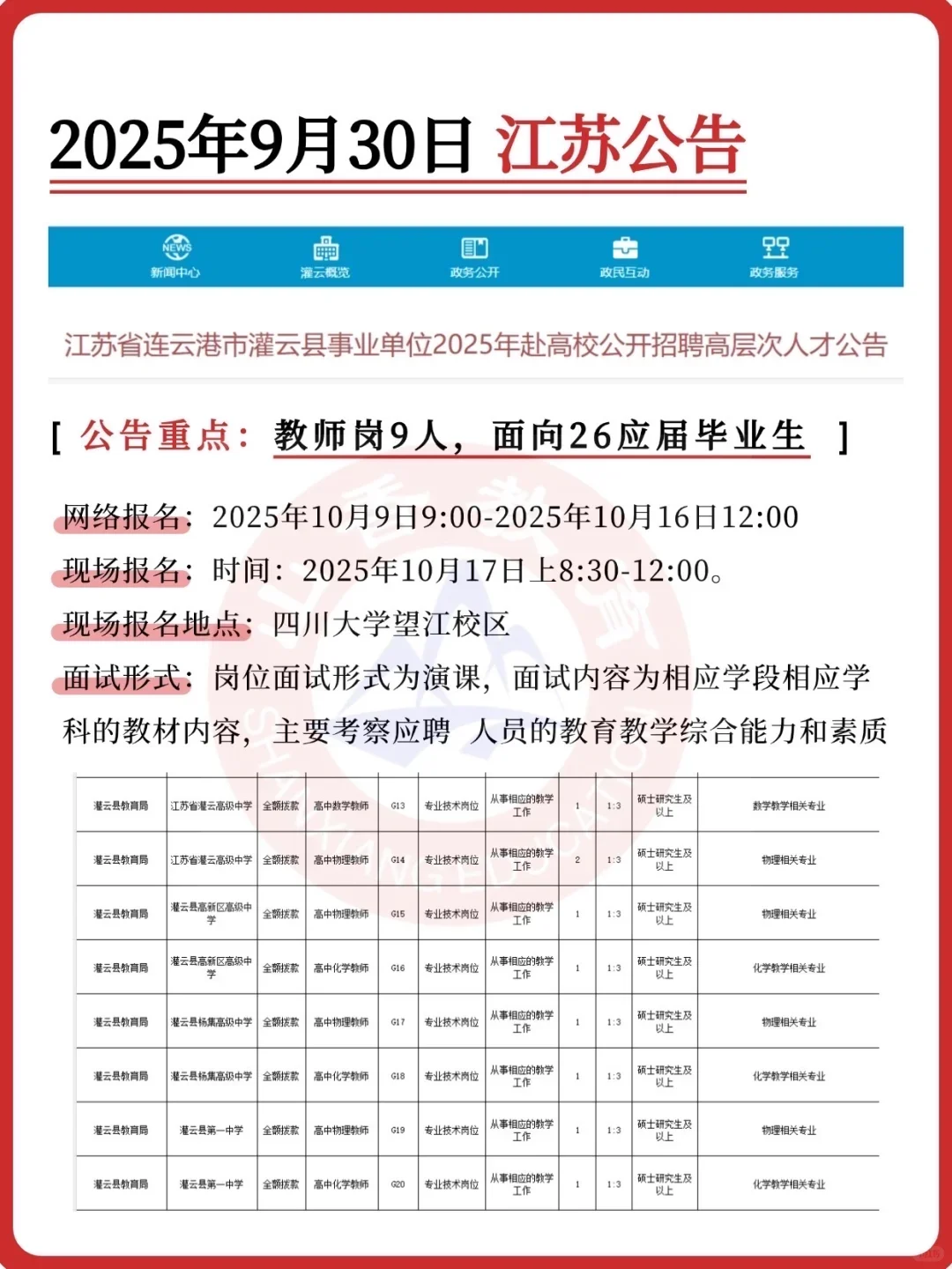 江苏教师编招聘9人 免笔试！26届毕业生可冲