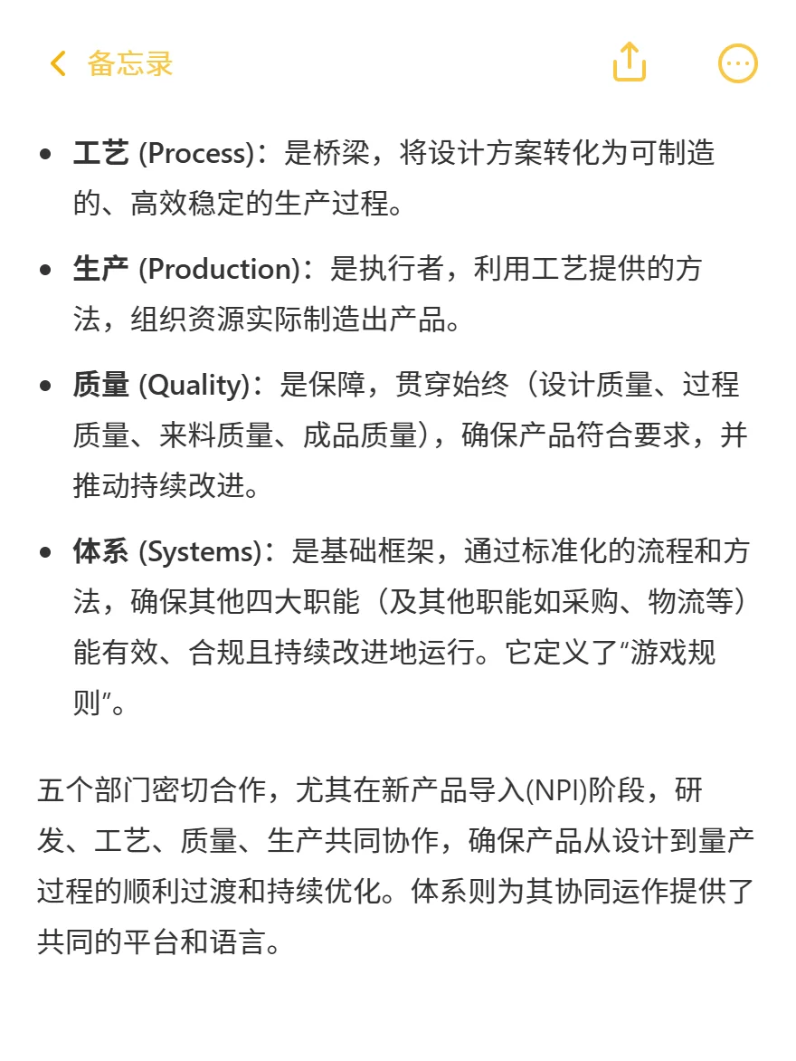 质量、工艺、生产、研发、体系是干什么的？