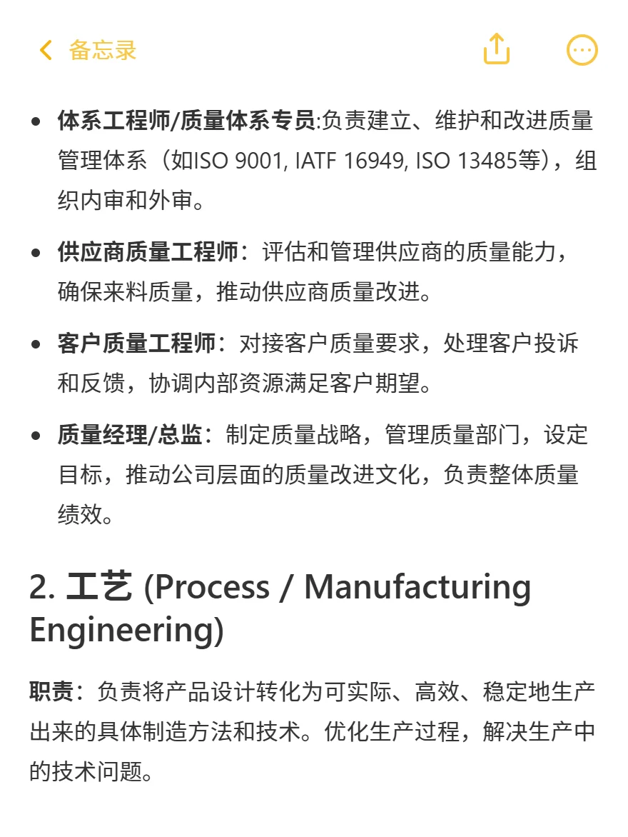 质量、工艺、生产、研发、体系是干什么的？