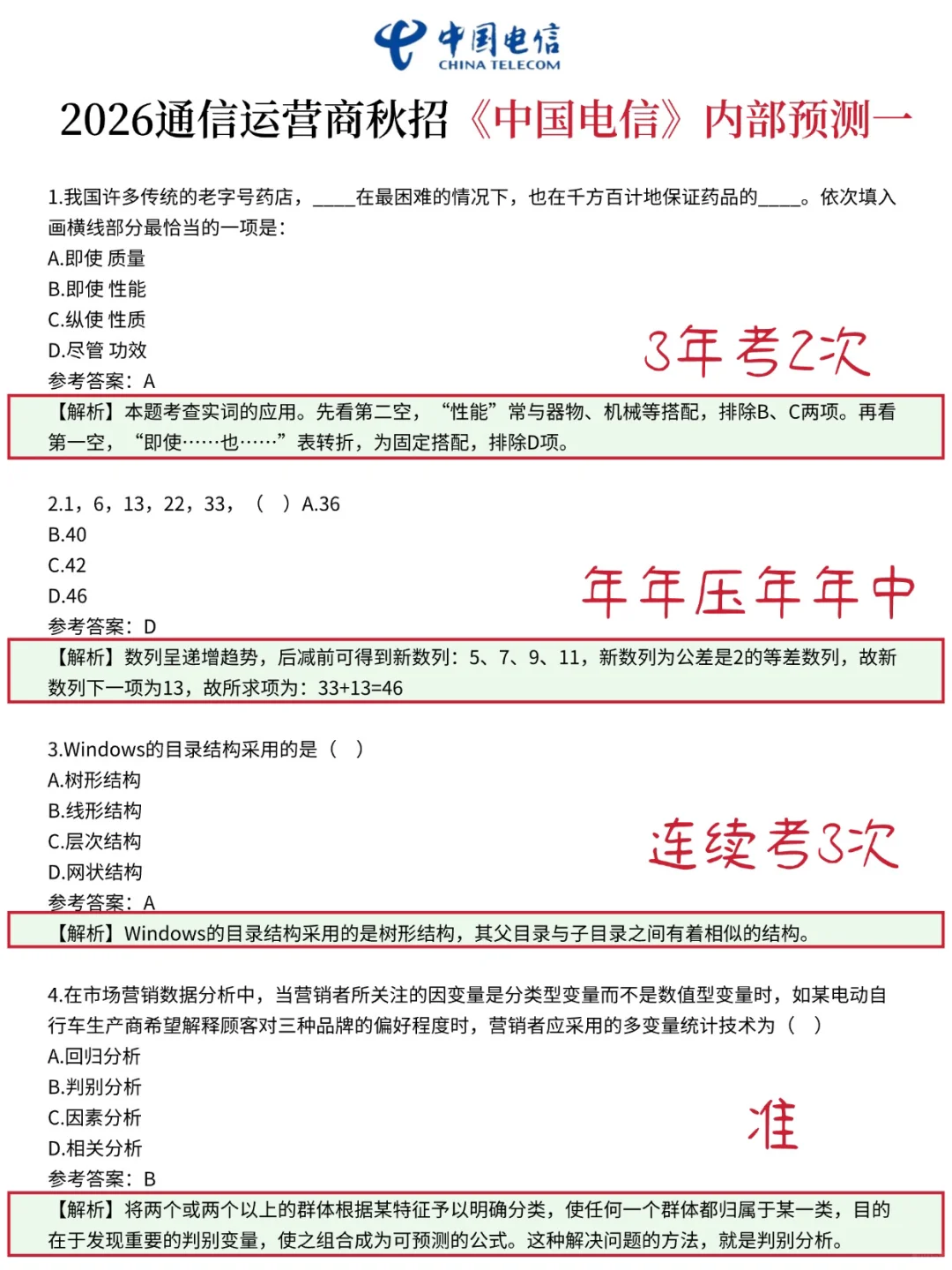 给参加中国电信秋招的一份考前小抄