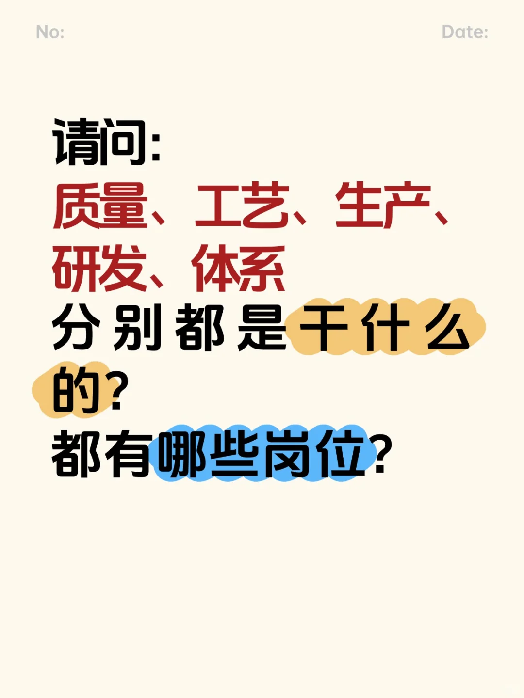 质量、工艺、生产、研发、体系是干什么的？