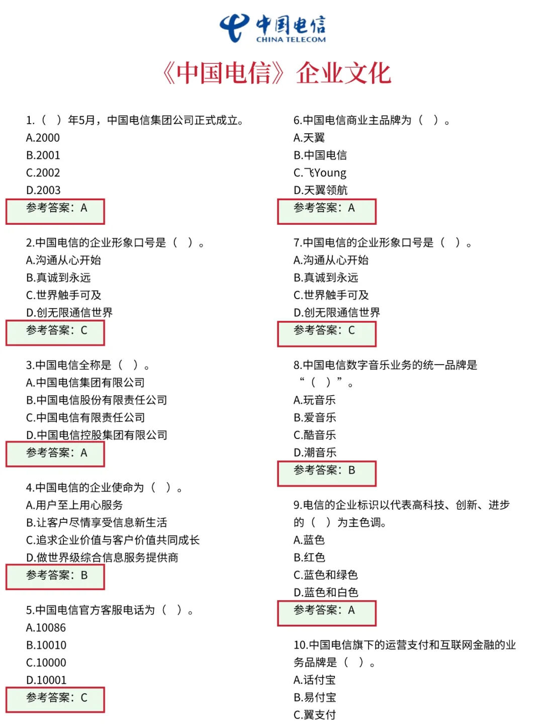 给参加中国电信秋招的一份考前小抄