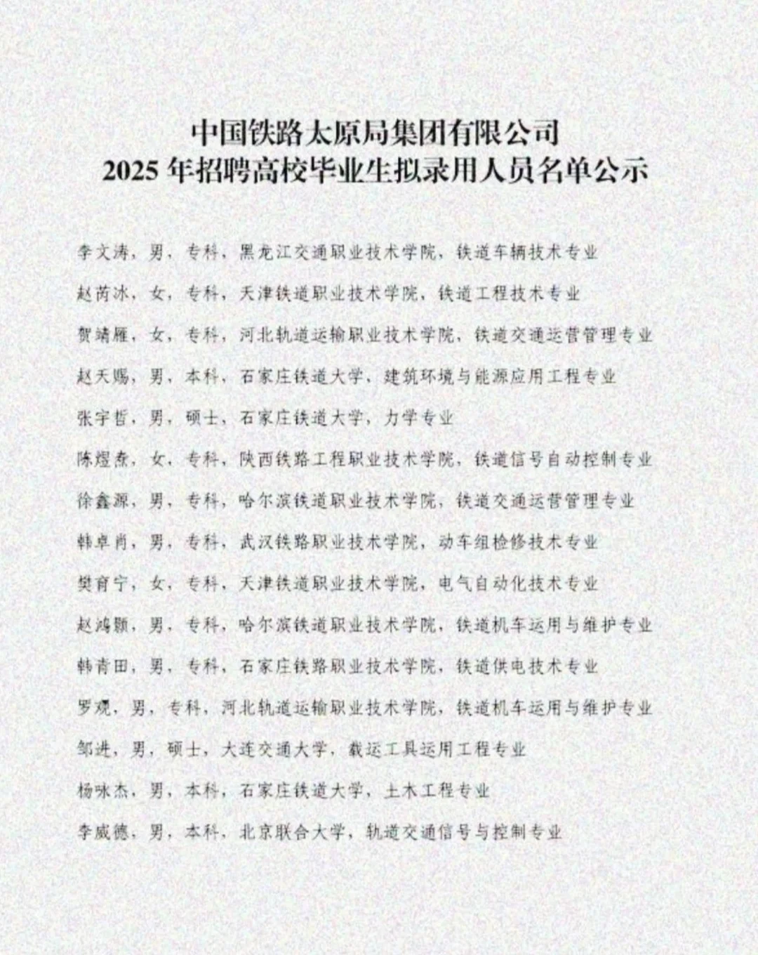 2025年太原铁路局招录人员名单