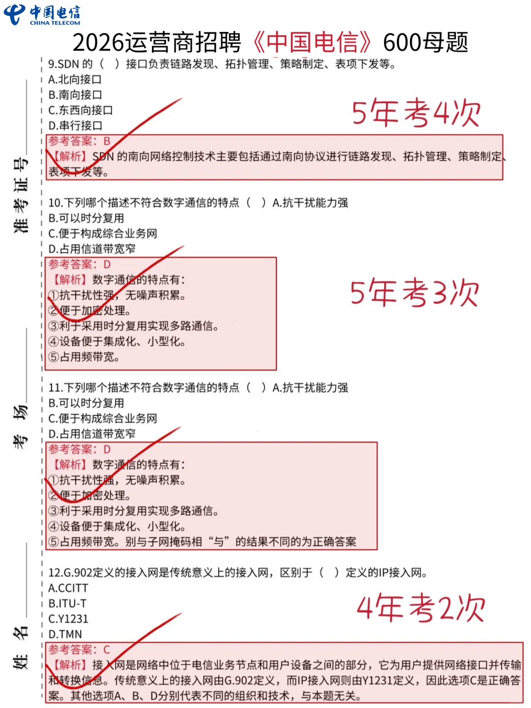 裸考提醒，9.13-14中国电信笔试，就这600母题