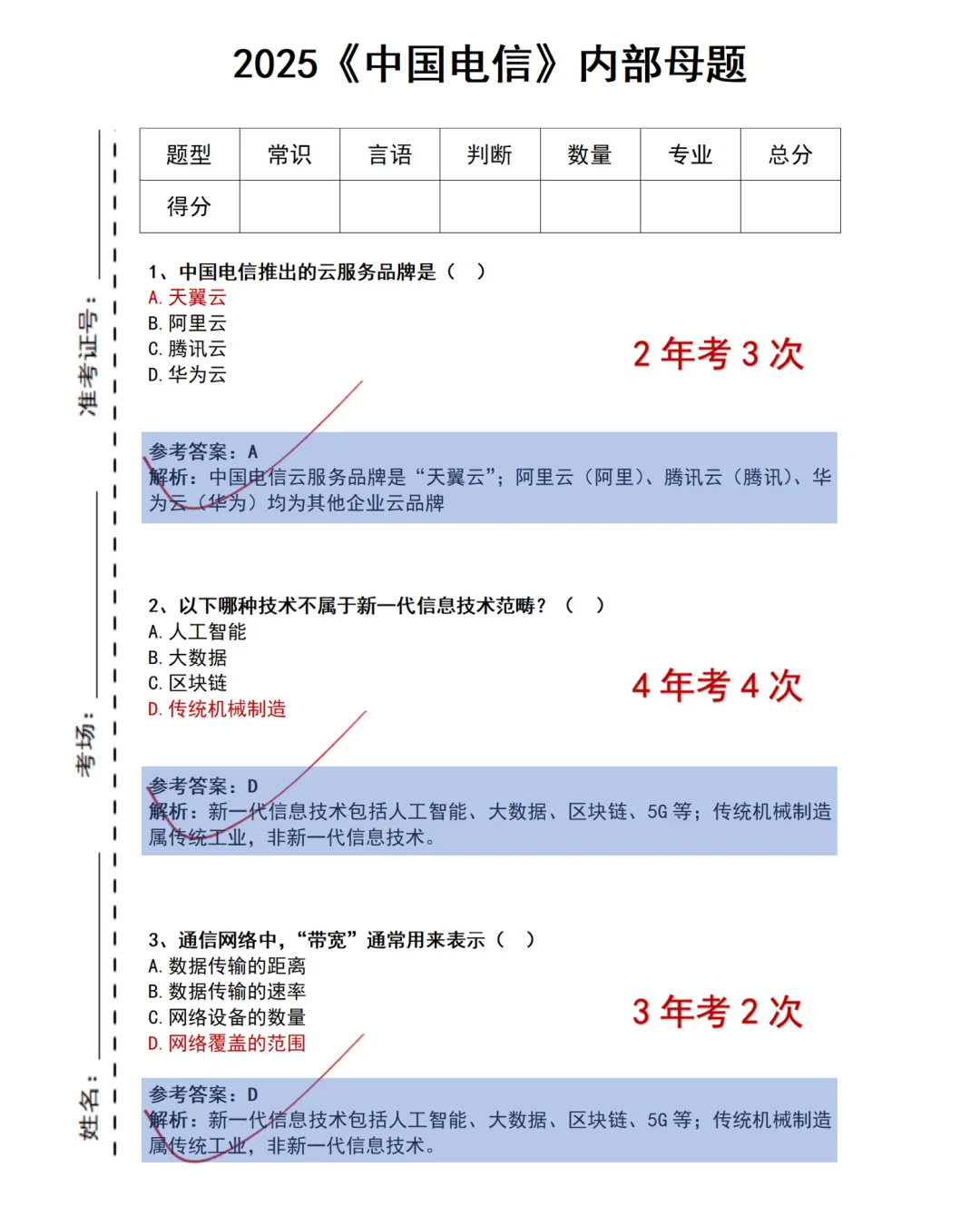中国电信内部母题熬夜背，保底80