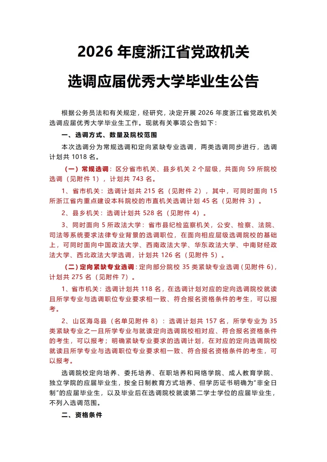 26浙江选调公告已出⚠️招录1018名人员
