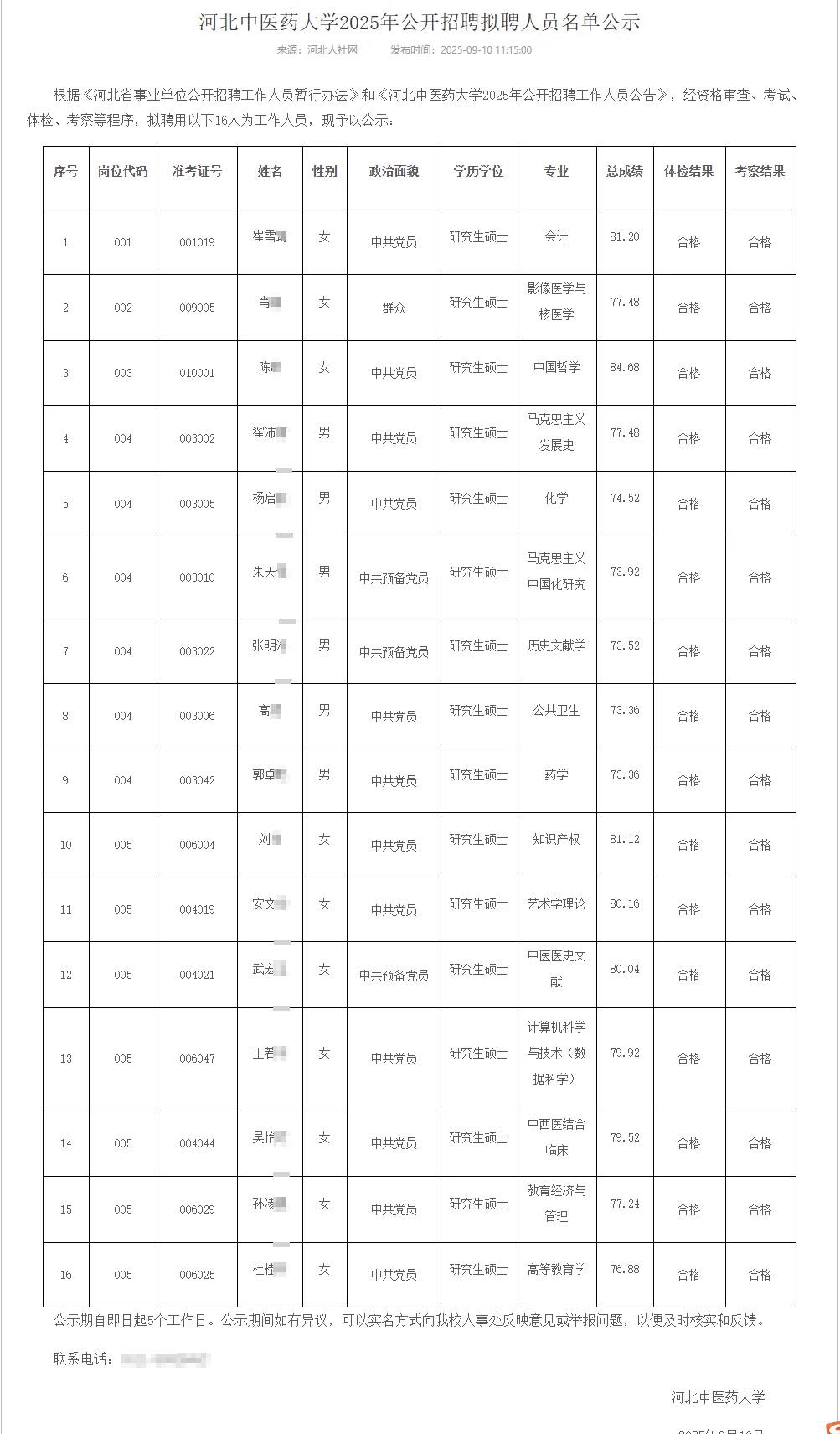 河北中医药大学2025年拟用公示