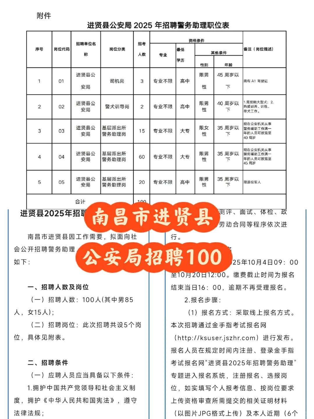 南昌市进贤县公安局招聘100人