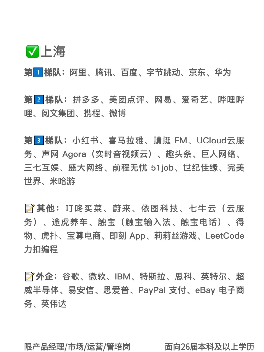 北京/上海/深圳互联网公司梯队