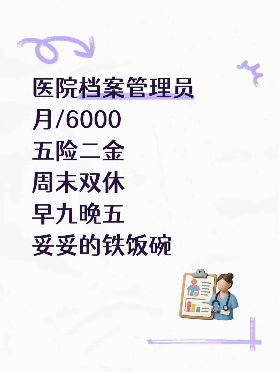 医院档案管理员，6000/月