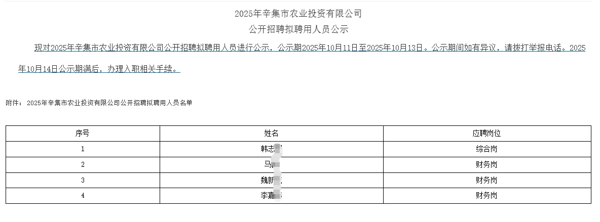 2025辛集市农业投资有限公司拟用人员公示