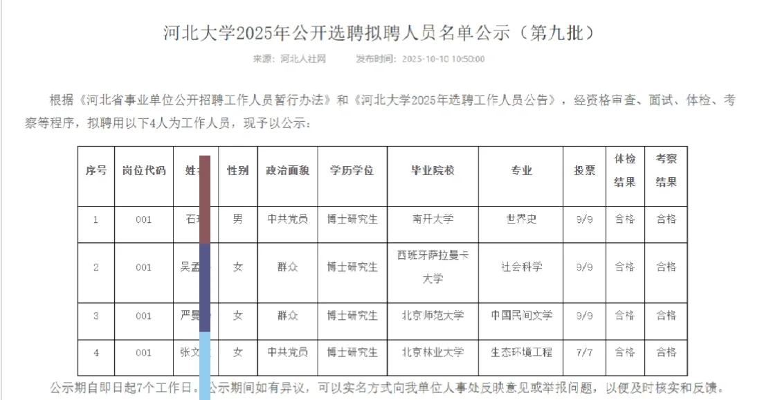 河北大学2025年拟用人员公示（第九批）