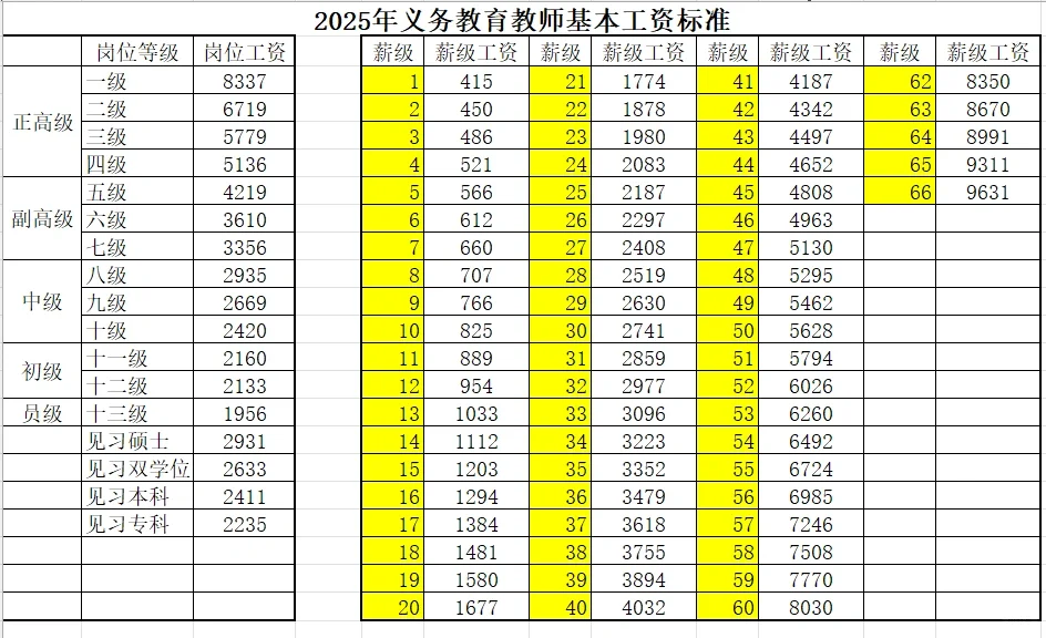 2025年义务教育教师基本工资套改表
