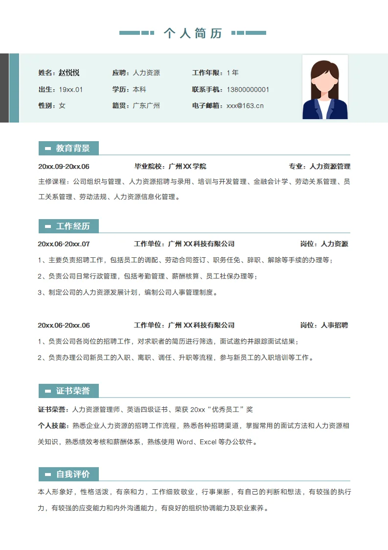 人力资源岗位简历模板，Word格式可编辑