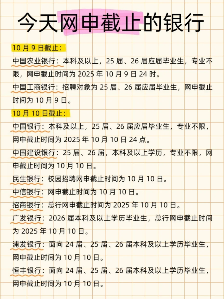 银行秋招网申截止时间大全！这些节点别错过