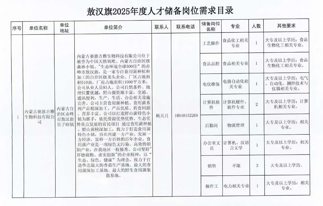 敖汉旗2025年度人才储备岗位需求目录
