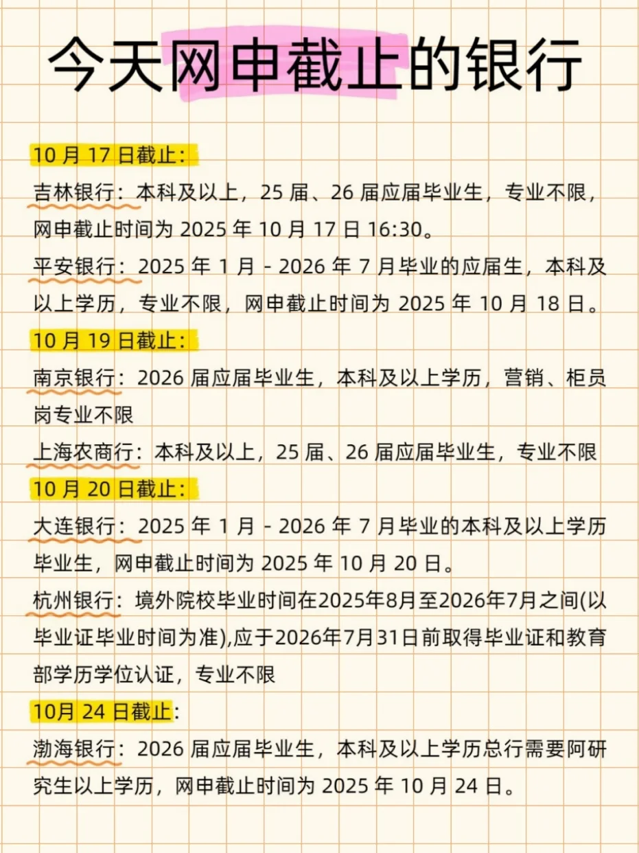 银行秋招网申截止时间大全！这些节点别错过