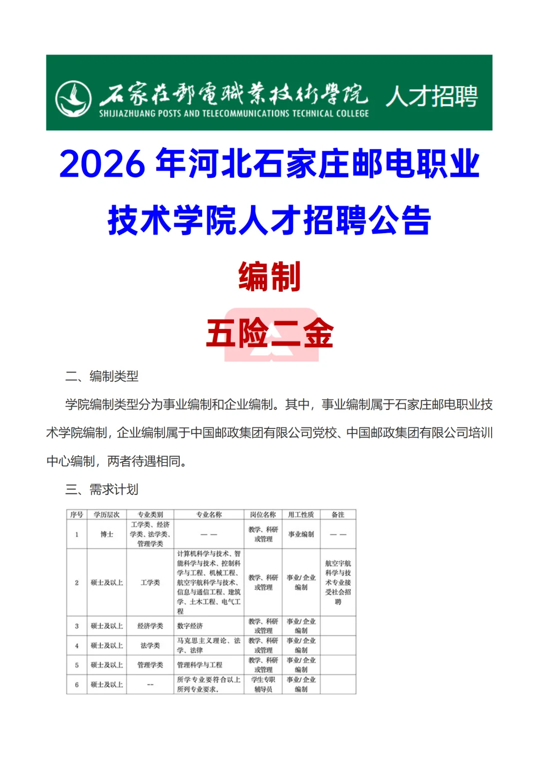 编制！2026石家庄邮电职业技术学院人才招聘