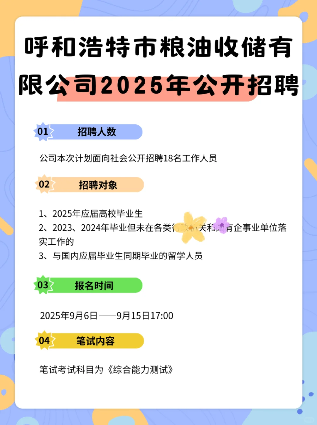 呼市重点国企之一的粮油收储公司招聘18人
