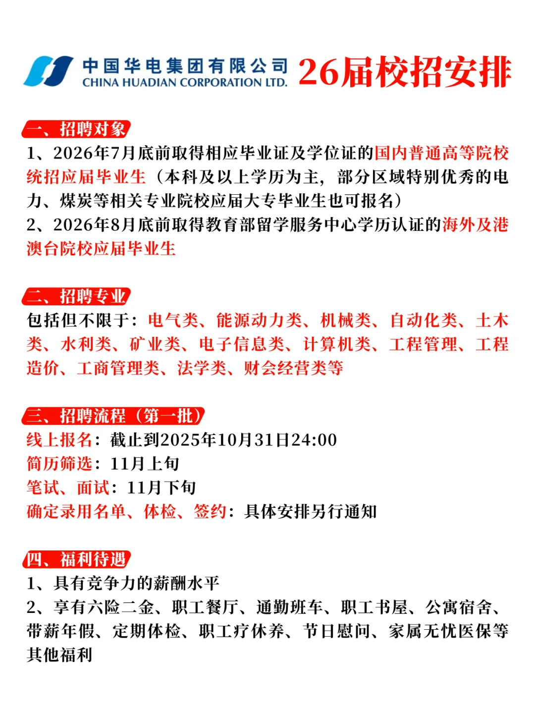 中国华电集团有限公司2026届校园招聘计划~