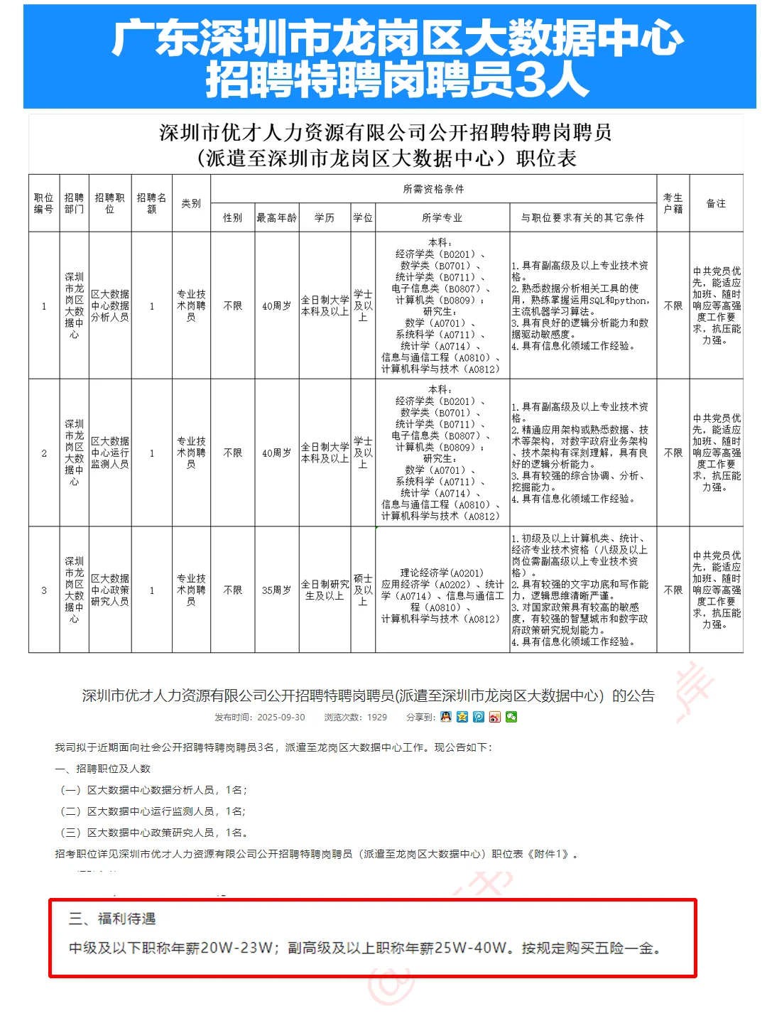 年薪20-40万！深圳龙岗区大数据中心招聘员
