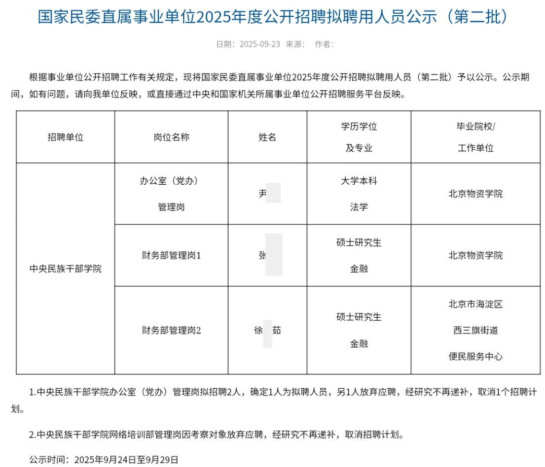 国家民委直属事业编拟聘公示3人 恭喜上岸！