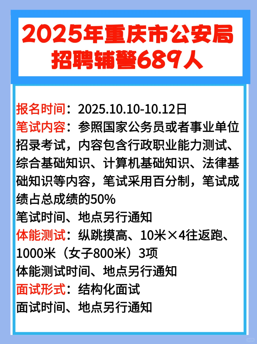 2025年重庆市公安局招聘辅警689人