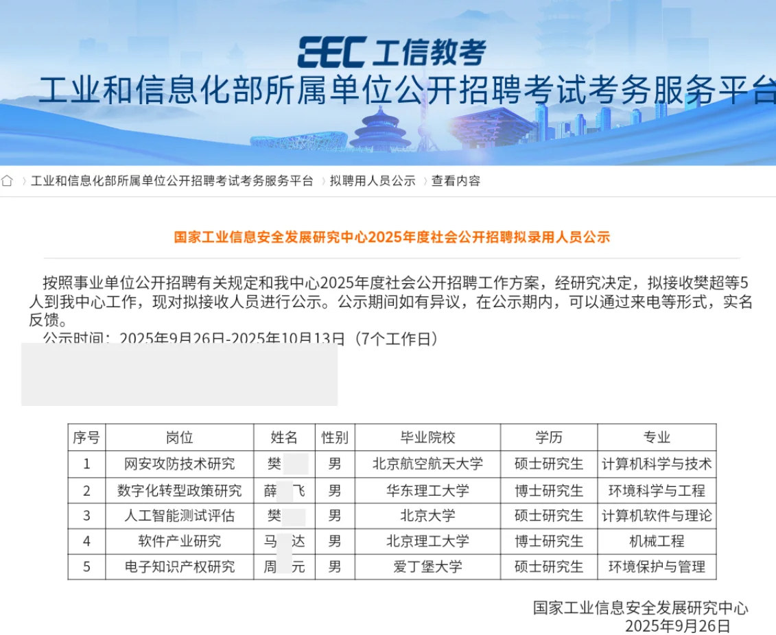 工信部2025拟聘公示5人 恭喜上岸事业编！
