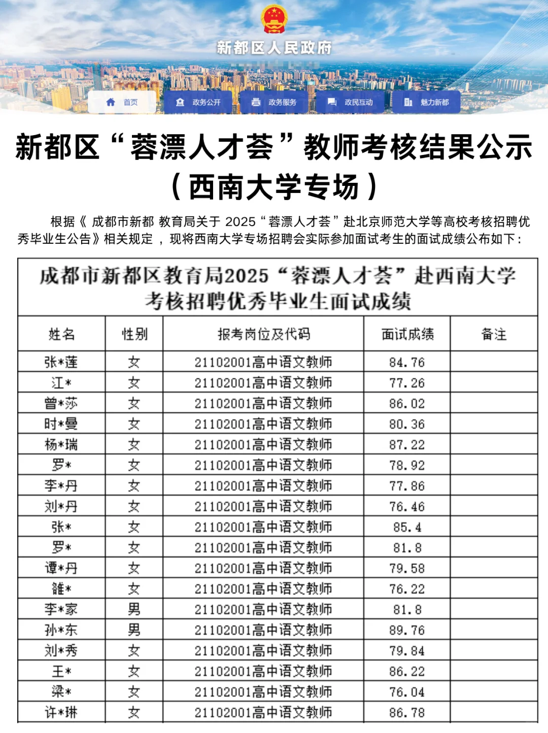 💐新都“蓉漂人才荟”考核面试成绩公布