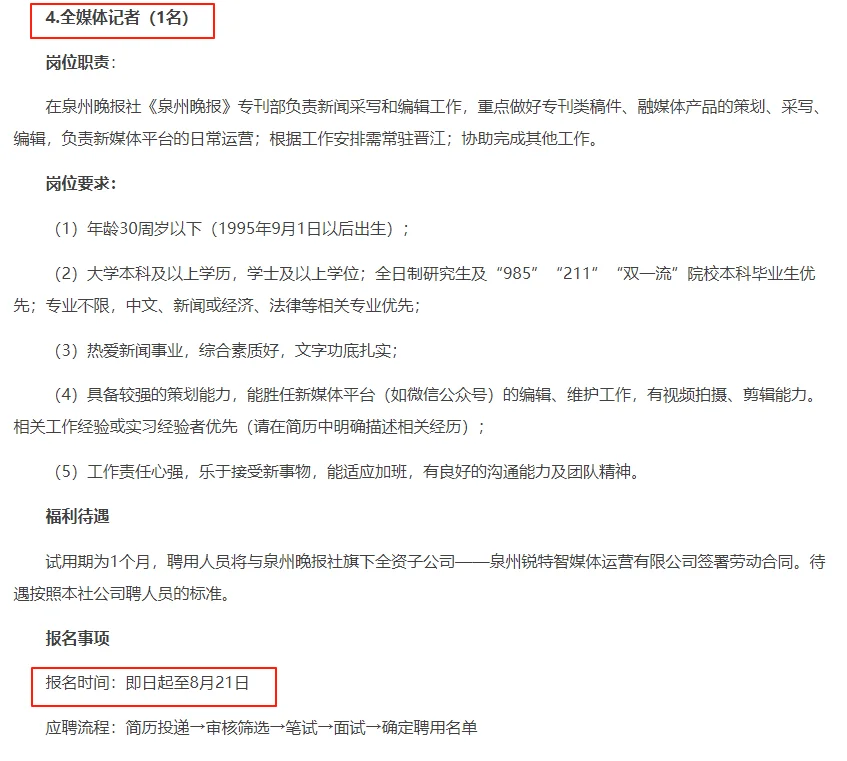 泉州晚报社融媒体中心采编运营4人 专业不限