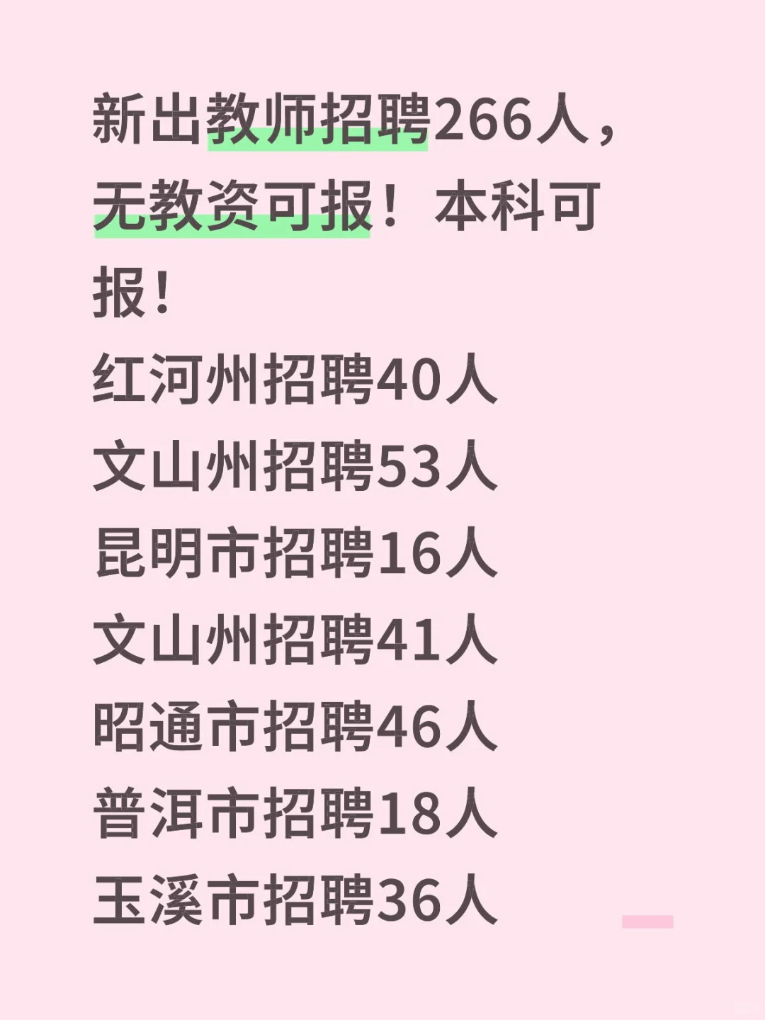 云南各地州招聘教师266人